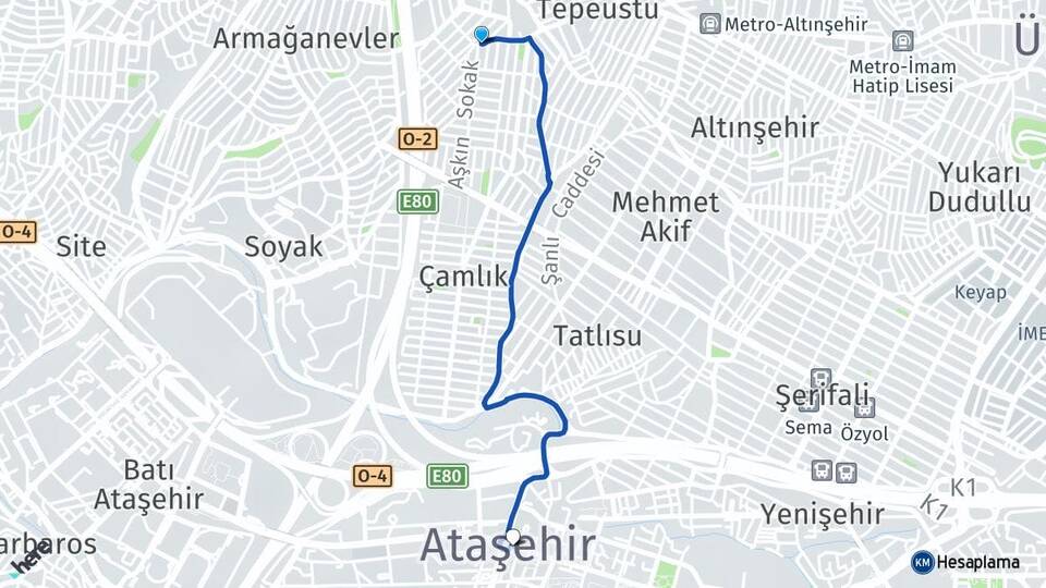 İstanbul Ümraniye Çakmak Ataşehir Arası Kaç Km - Yol Haritası