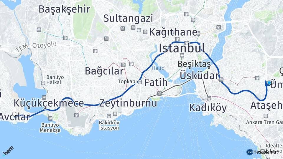 İstanbul Ümraniye Çakmak Avcılar Arası Kaç Km - Yol Haritası