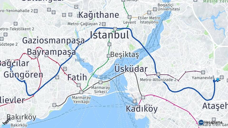 İstanbul Ümraniye Çakmak Bağcılar Arası Kaç Km - Yol Haritası