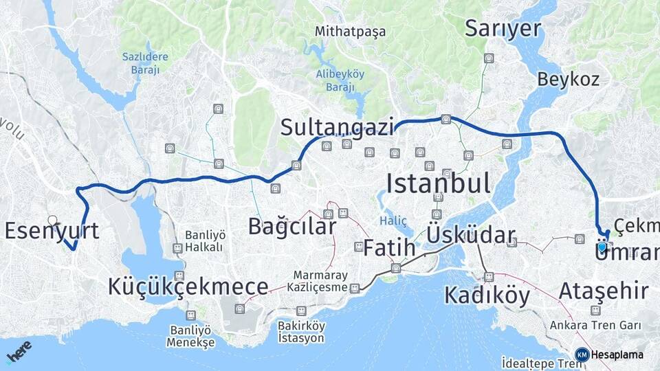 İstanbul Ümraniye Çakmak Esenyurt Arası Kaç Km - Yol Haritası