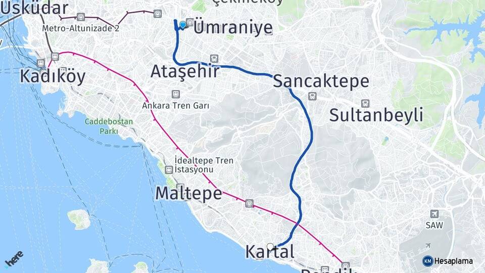 İstanbul Ümraniye Çakmak Kartal Arası Kaç Km - Yol Haritası