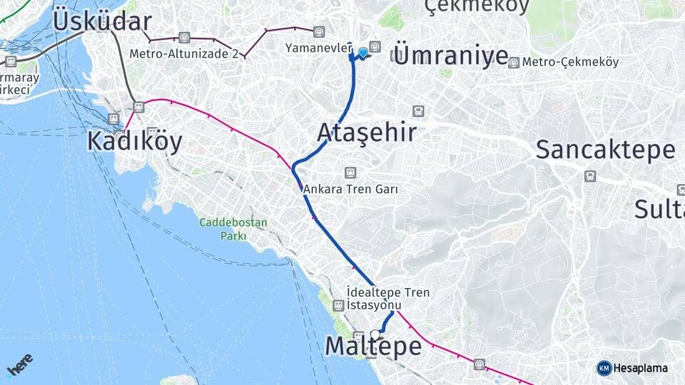 İstanbul Ümraniye Çakmak Maltepe Arası Kaç Km - Yol Haritası