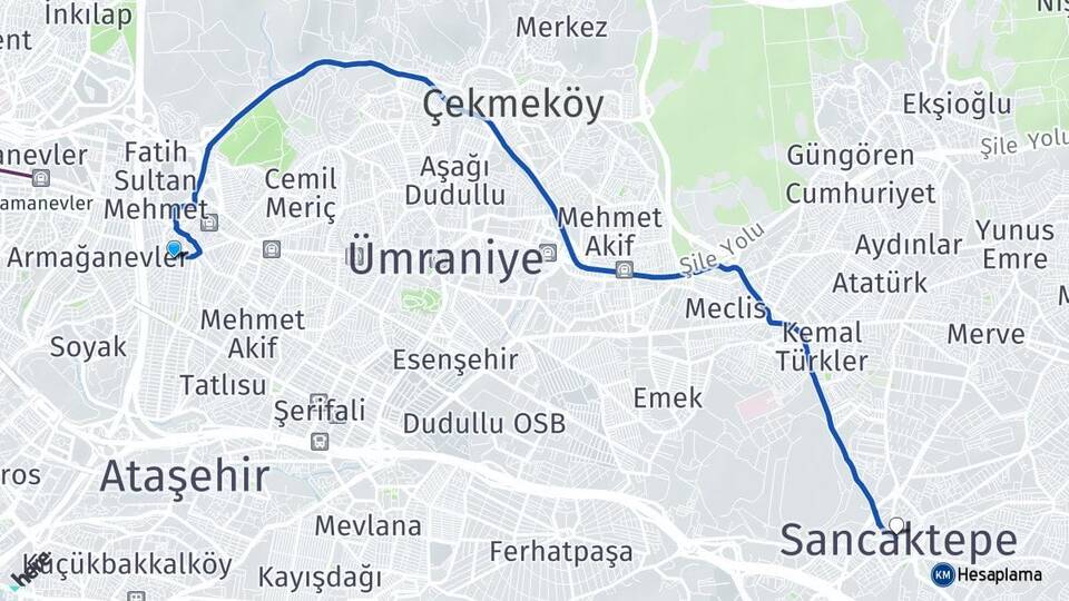 İstanbul Ümraniye Çakmak Sancaktepe Arası Kaç Km - Yol Haritası
