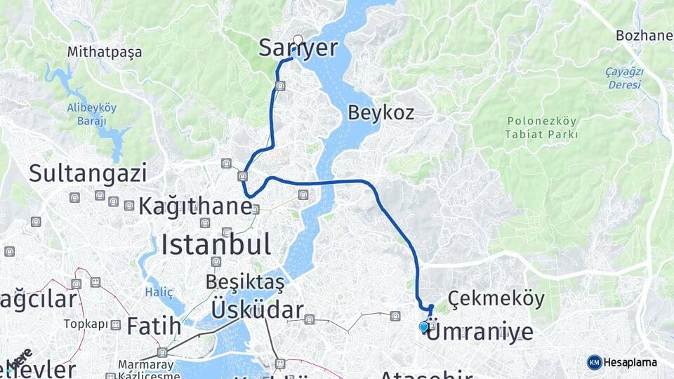 İstanbul Ümraniye Çakmak Sarıyer Arası Kaç Km - Yol Haritası