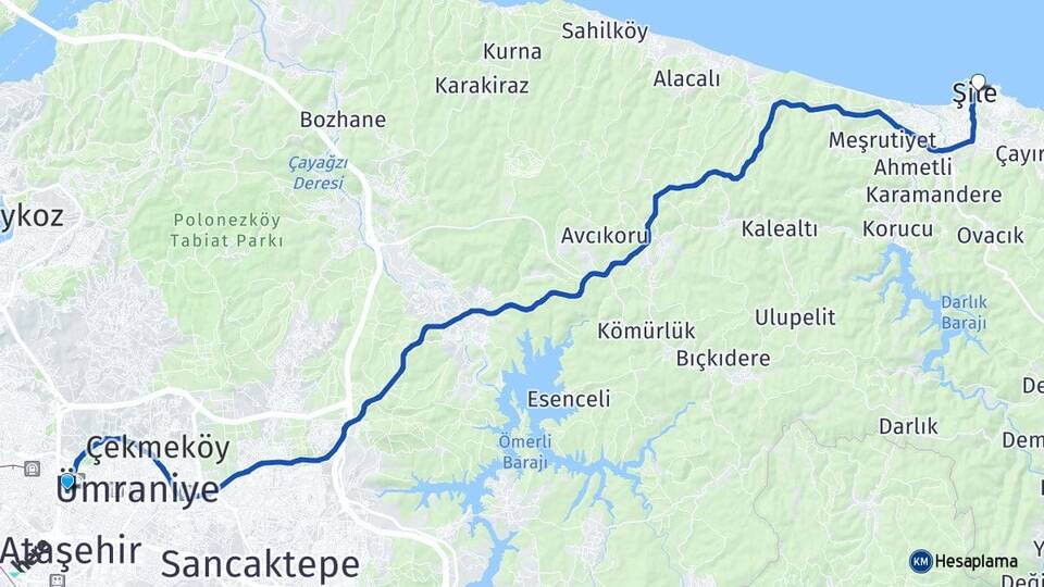 İstanbul Ümraniye Çakmak Şile Arası Kaç Km - Yol Haritası