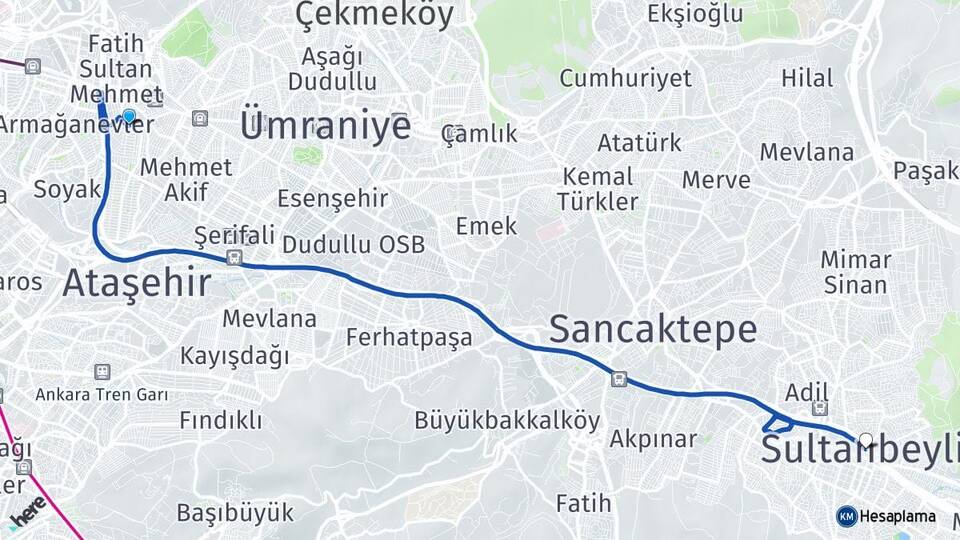 İstanbul Ümraniye Çakmak Sultanbeyli Arası Kaç Km - Yol Haritası