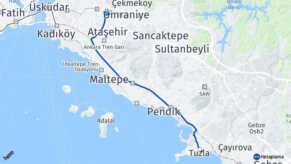 İstanbul Ümraniye Çakmak Tuzla Arası Kaç Km - Yol Haritası