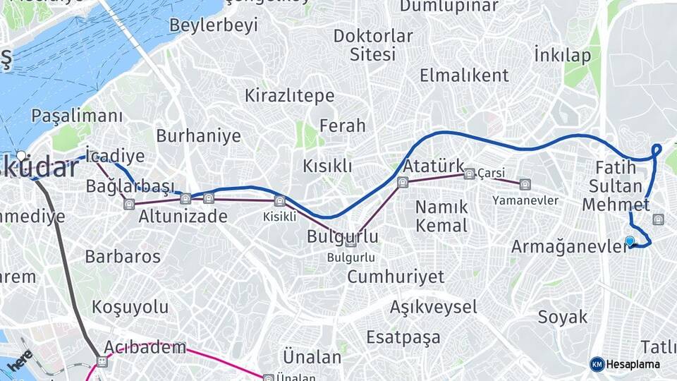 İstanbul Ümraniye Çakmak Üsküdar Arası Kaç Km - Yol Haritası