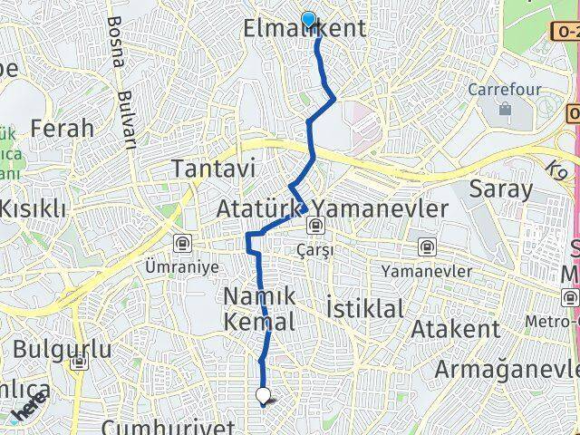İstanbul Ümraniye Elmalıkent Esenevler Ümraniye Arası Kaç Km - Yol Haritası