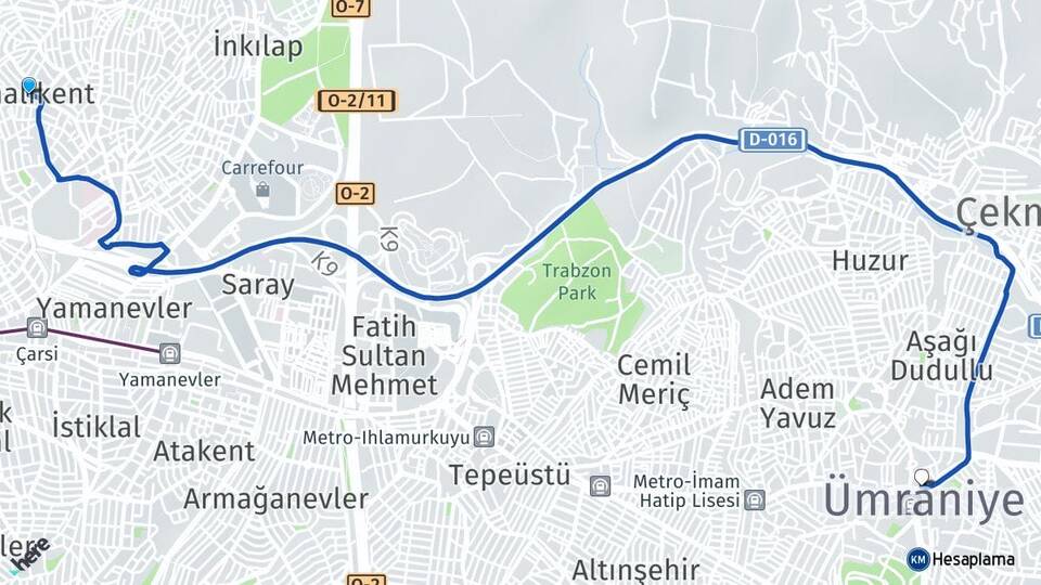 İstanbul Ümraniye Elmalıkent Ümraniye Arası Kaç Km - Yol Haritası
