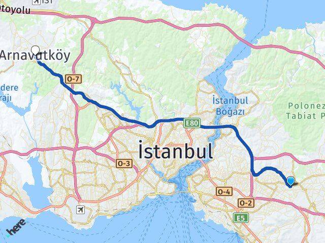 İstanbul Ümraniye Madenler Arnavutköy Arası Kaç Km - Yol Haritası