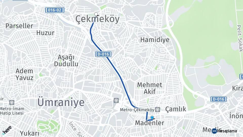 İstanbul Ümraniye Madenler Çekmeköy Arası Kaç Km - Yol Haritası