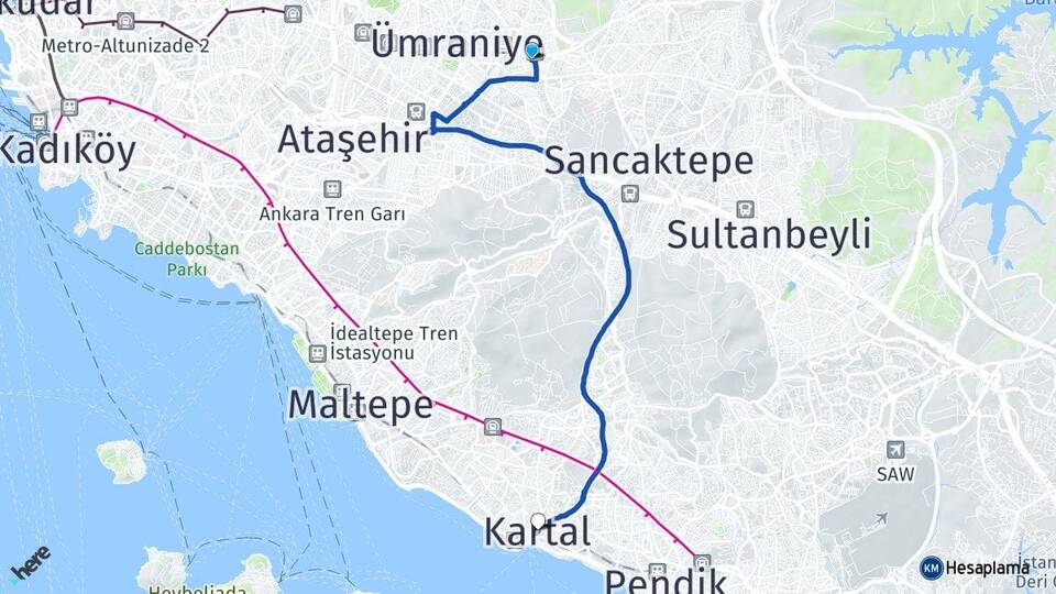 İstanbul Ümraniye Madenler Kartal Arası Kaç Km - Yol Haritası