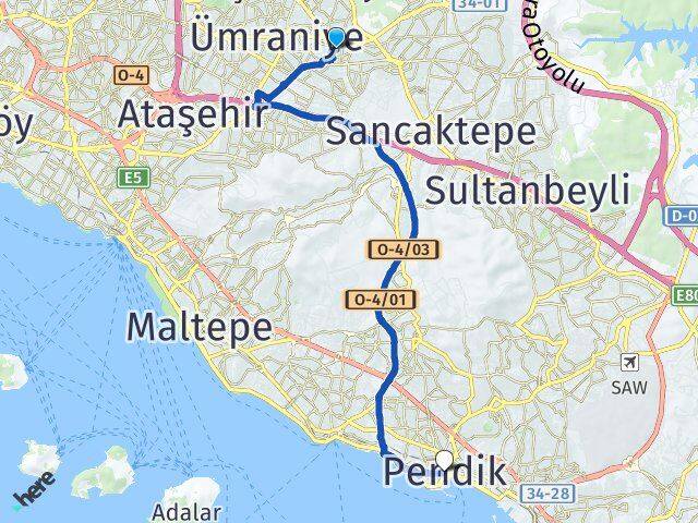 İstanbul Ümraniye Madenler Pendik Arası Kaç Km - Yol Haritası