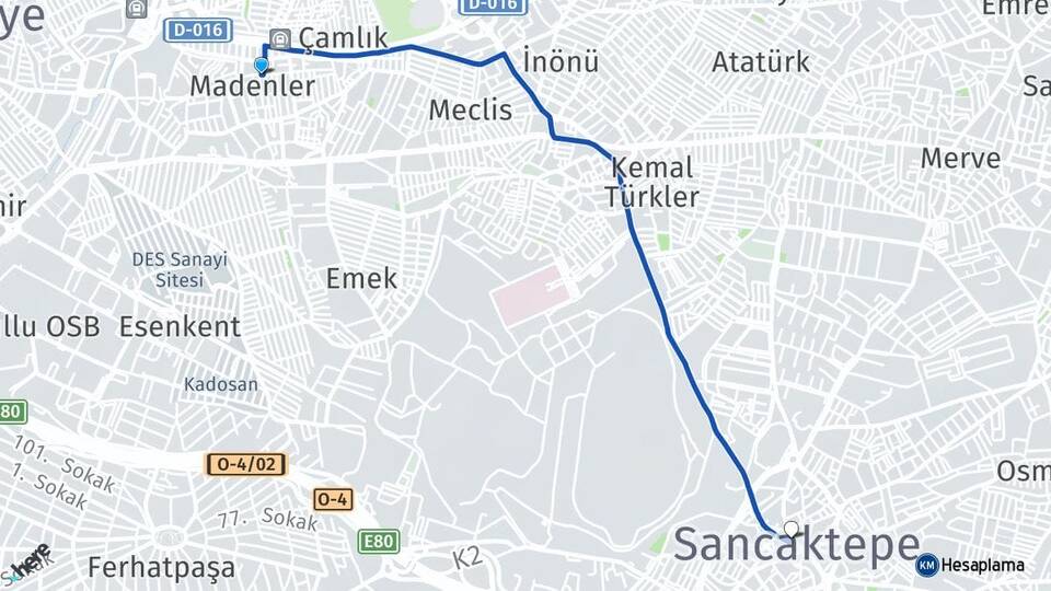 İstanbul Ümraniye Madenler Sancaktepe Arası Kaç Km - Yol Haritası