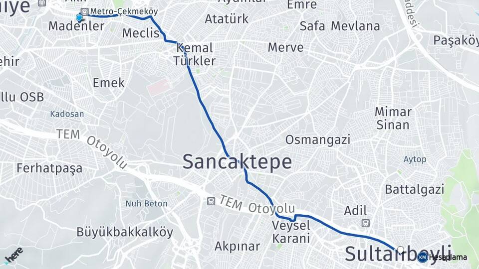 İstanbul Ümraniye Madenler Sultanbeyli Arası Kaç Km - Yol Haritası