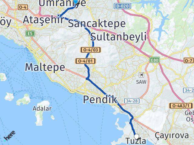 İstanbul Ümraniye Madenler Tuzla Arası Kaç Km - Yol Haritası