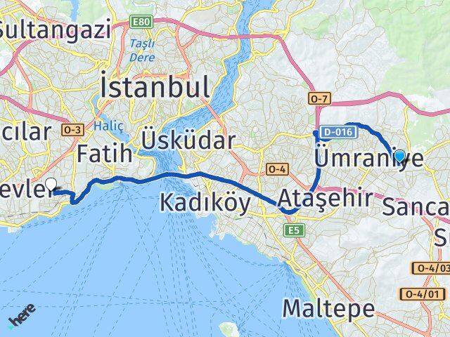 İstanbul Ümraniye Madenler Zeytinburnu Arası Kaç Km - Yol Haritası