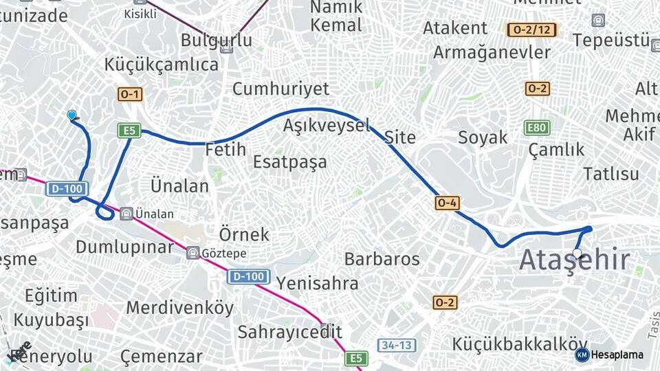 İstanbul Üsküdar Acıbadem Ataşehir Arası Kaç Km - Yol Haritası