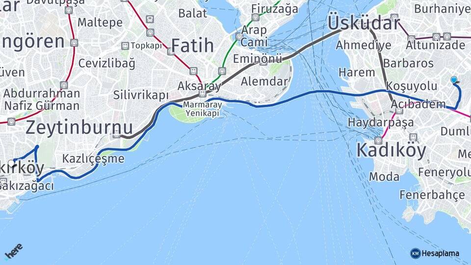 İstanbul Üsküdar Acıbadem Bakırköy Arası Kaç Km - Yol Haritası