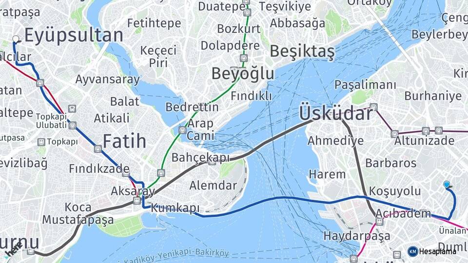İstanbul Üsküdar Acıbadem Bayrampaşa Arası Kaç Km - Yol Haritası