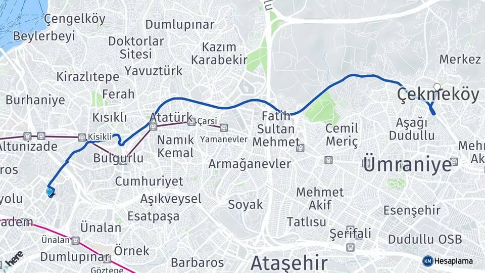 İstanbul Üsküdar Acıbadem Çekmeköy Arası Kaç Km - Yol Haritası