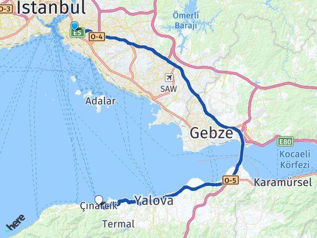 İstanbul Üsküdar Acıbadem Çınarcık Yalova Arası Kaç Km - Yol Haritası
