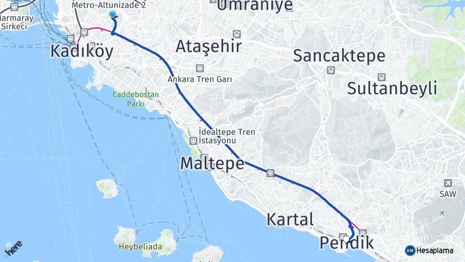 İstanbul Üsküdar Acıbadem Pendik Arası Kaç Km - Yol Haritası