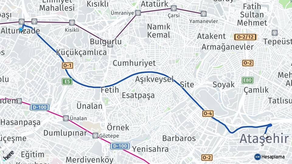 İstanbul Üsküdar Altunizade Ataşehir Arası Kaç Km - Yol Haritası