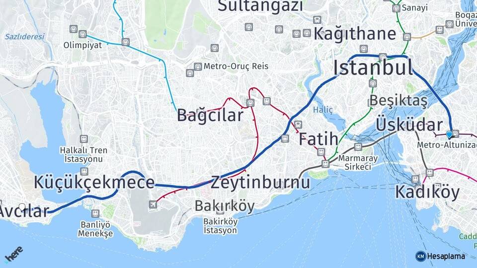 İstanbul Üsküdar Altunizade Avcılar Arası Kaç Km - Yol Haritası