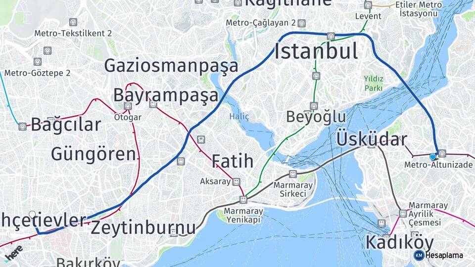 İstanbul Üsküdar Altunizade Bahçelievler Arası Kaç Km - Yol Haritası