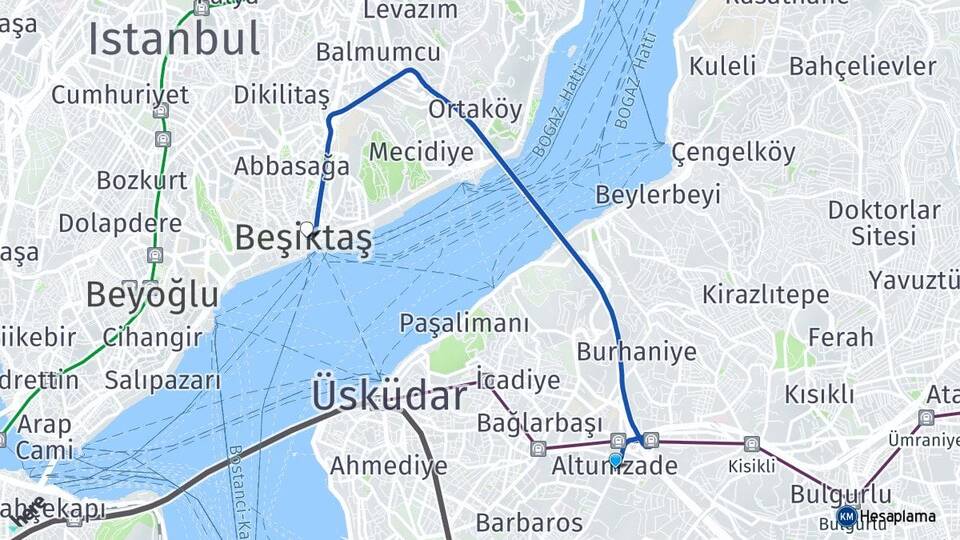 İstanbul Üsküdar Altunizade Beşiktaş Arası Kaç Km - Yol Haritası