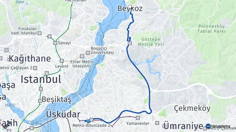 İstanbul Üsküdar Altunizade Beykoz Arası Kaç Km - Yol Haritası