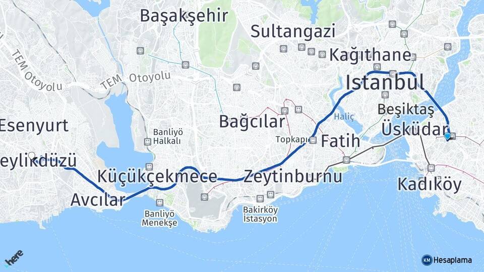 İstanbul Üsküdar Altunizade Beylikdüzü Arası Kaç Km - Yol Haritası