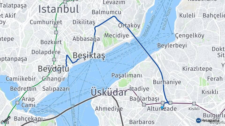 İstanbul Üsküdar Altunizade Beyoğlu Arası Kaç Km - Yol Haritası