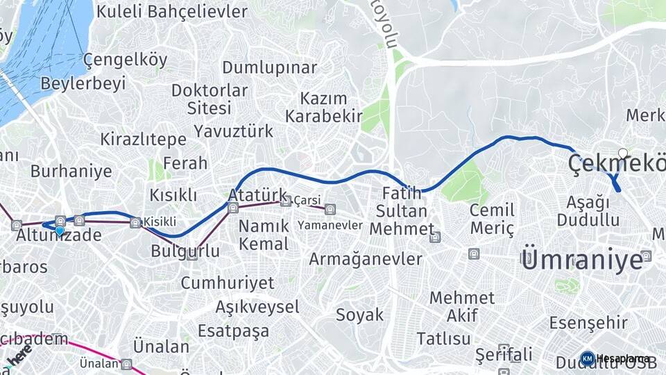 İstanbul Üsküdar Altunizade Çekmeköy Arası Kaç Km - Yol Haritası