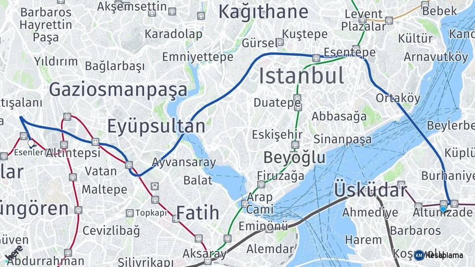 İstanbul Üsküdar Altunizade Esenler Arası Kaç Km - Yol Haritası