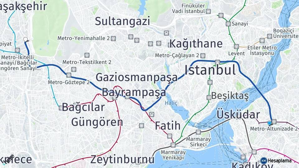 İstanbul Üsküdar Altunizade İkitelli OSB Başakşehir Arası Kaç Km - Yol Haritası