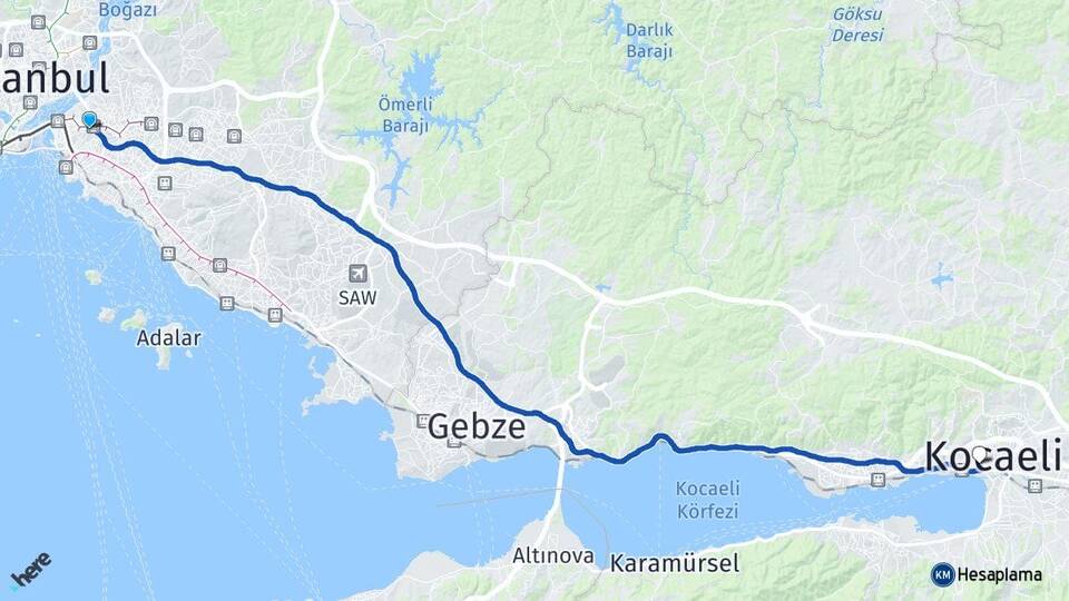 İstanbul Üsküdar Altunizade İzmit Kocaeli Arası Kaç Km - Yol Haritası