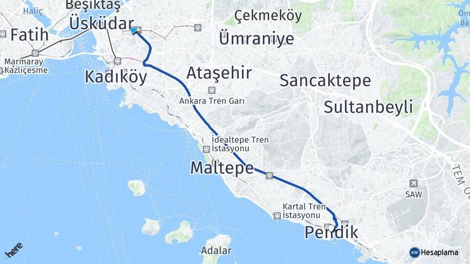 İstanbul Üsküdar Altunizade Pendik Arası Kaç Km - Yol Haritası