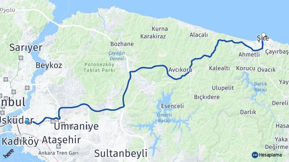 İstanbul Üsküdar Altunizade Şile Arası Kaç Km - Yol Haritası