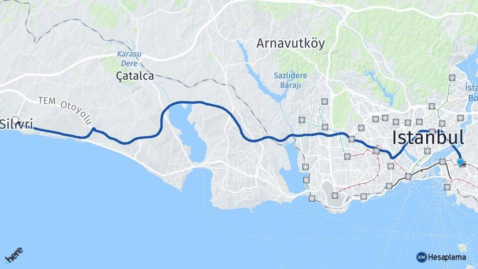 İstanbul Üsküdar Altunizade Silivri Arası Kaç Km - Yol Haritası