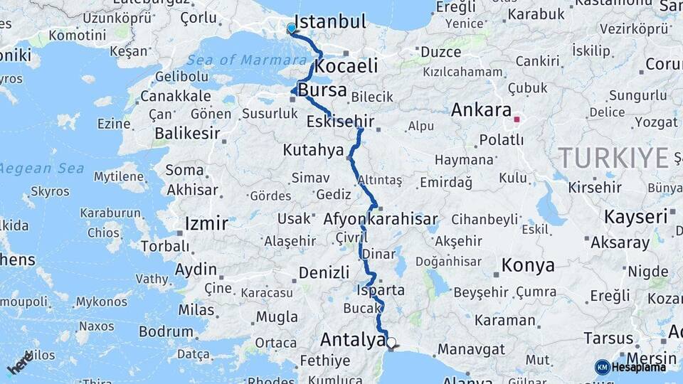 İstanbul Üsküdar Antalya Arası Kaç Km - Yol Haritası