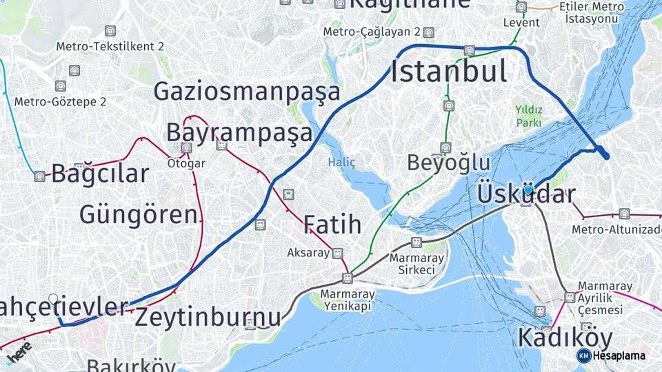 İstanbul Üsküdar Bahçelievler Arası Kaç Km - Yol Haritası