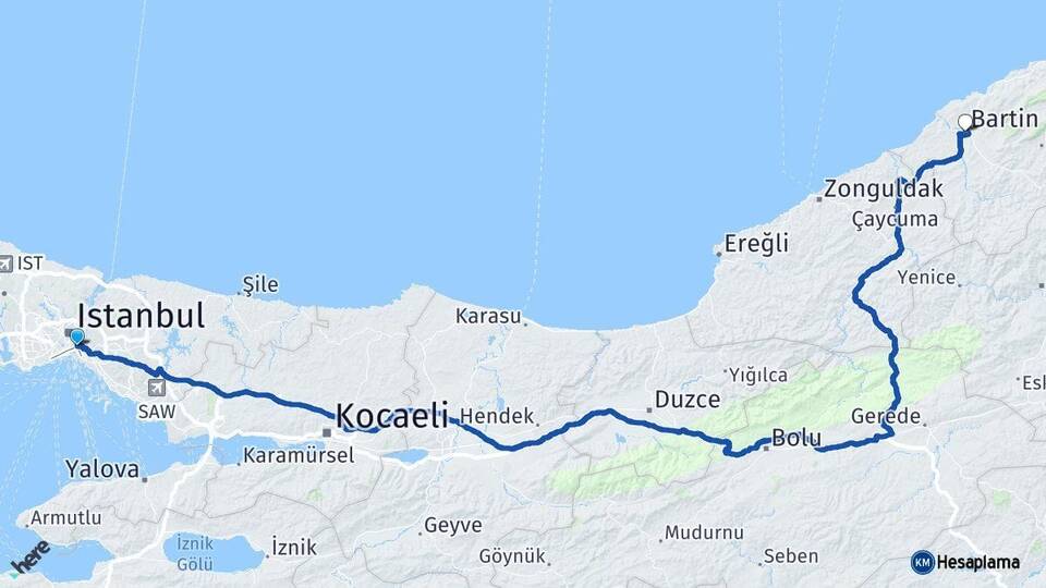 İstanbul Üsküdar Bartın Arası Kaç Km - Yol Haritası