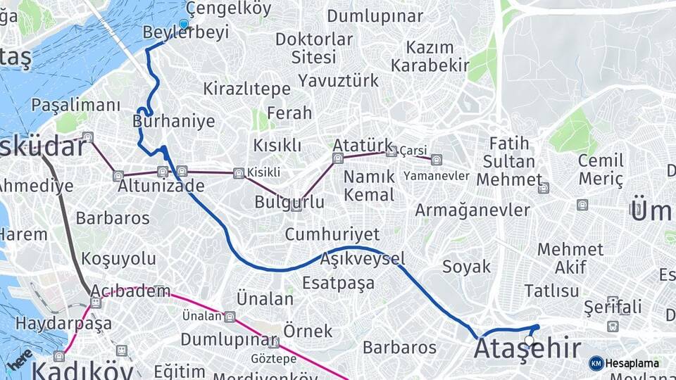 İstanbul Üsküdar Beylerbeyi Ataşehir Arası Kaç Km - Yol Haritası