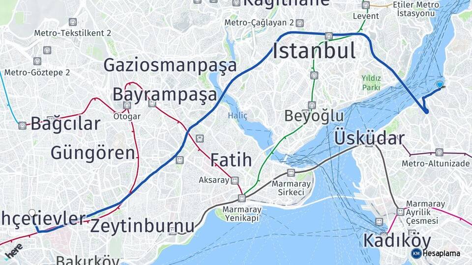 İstanbul Üsküdar Beylerbeyi Bahçelievler Arası Kaç Km - Yol Haritası