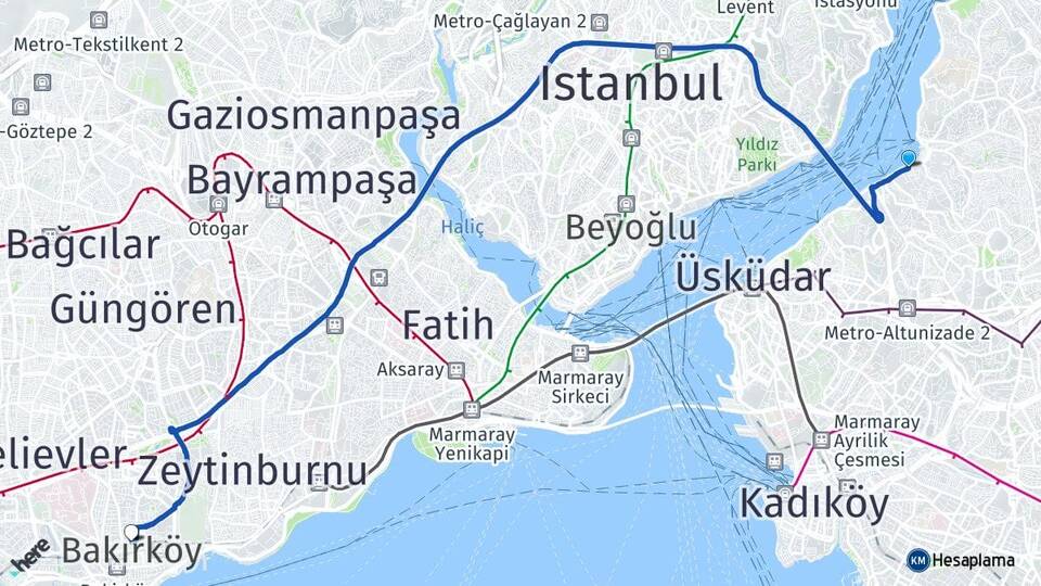 İstanbul Üsküdar Beylerbeyi Bakırköy Arası Kaç Km - Yol Haritası