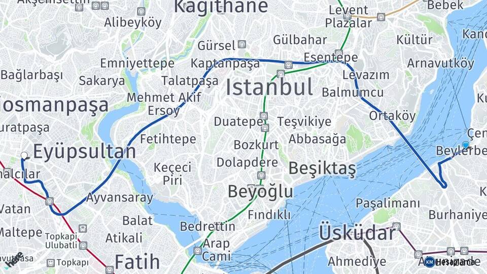 İstanbul Üsküdar Beylerbeyi Bayrampaşa Arası Kaç Km - Yol Haritası