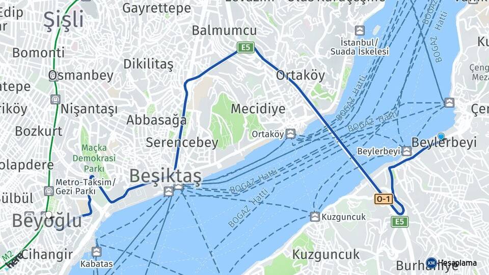 İstanbul Üsküdar Beylerbeyi Beyoğlu Arası Kaç Km - Yol Haritası
